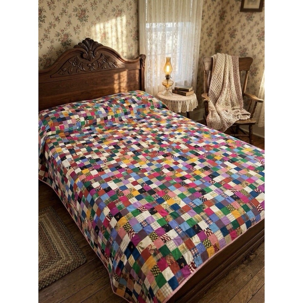 VTG Full / Queen Postage Stamp Quilt Colorful Boho Cottagecore Patchwork Blanket
